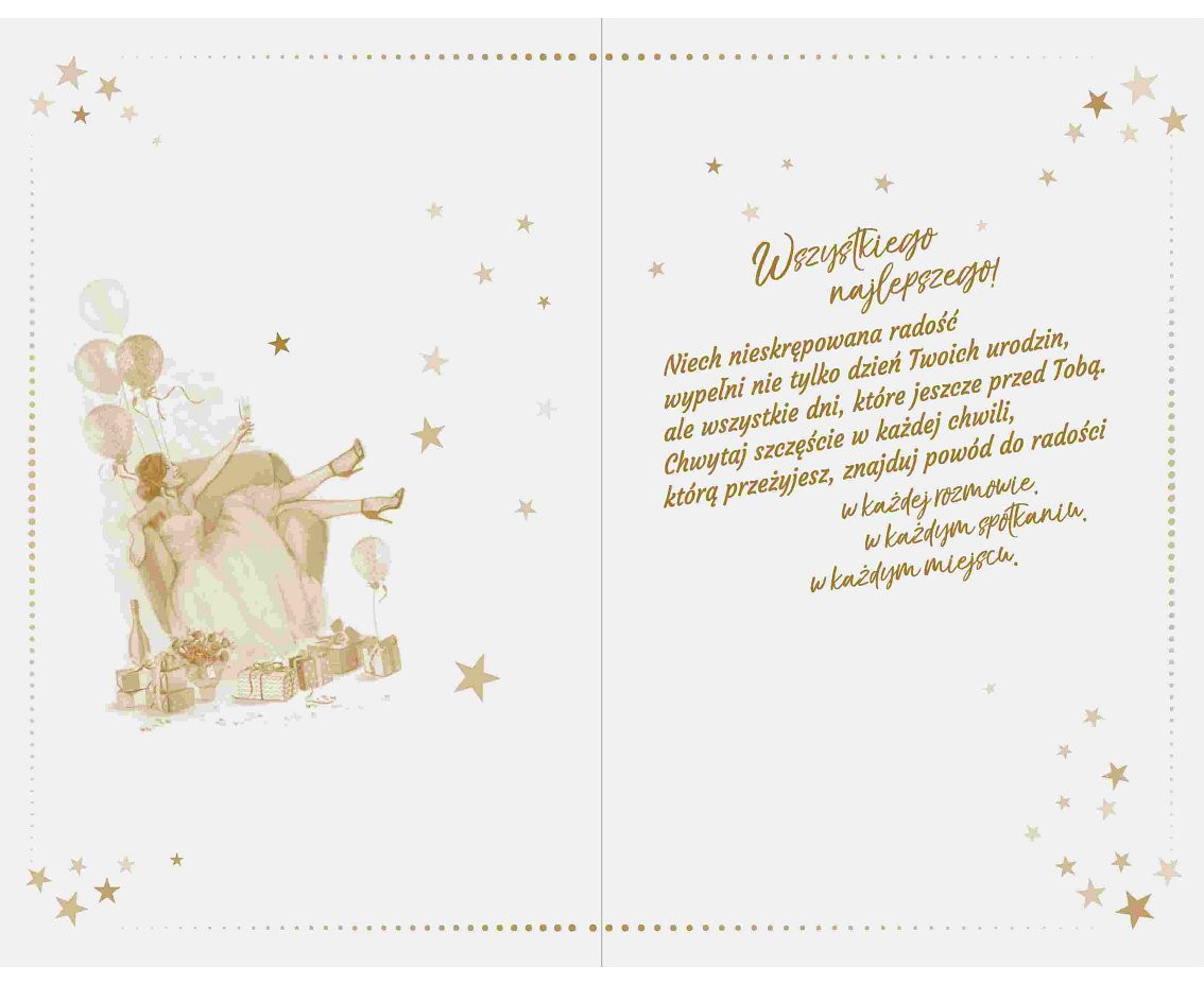Birthday Card, Woman with gifts and balloons, 13x20,5 cm